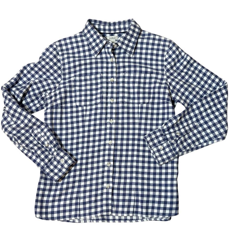 L.L.Bean XS Petite Blue White Gingham Button Down Shirt Flannel Preppy Coastal - Picture 1 of 10